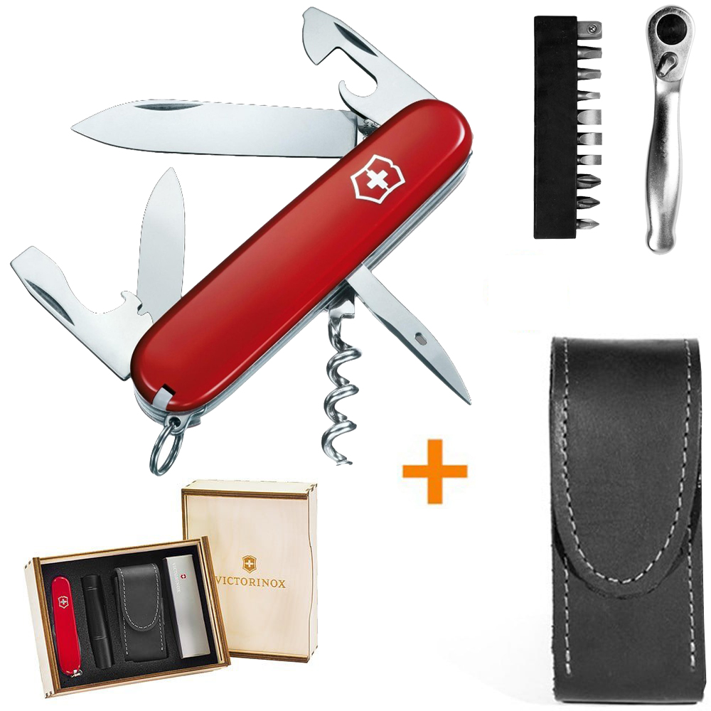 Подарочный комплект Victorinox Spartan Red 1.3603 + трещотка + биты + фонарь + чехол